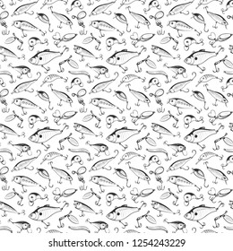 Fishing gear - lures and baits for spinning - seamless pattern. Background or texture for your design. Sketch style vector illustration on white background.