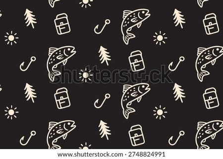 Fishing gear retro illustration seamless pattern on black background for outdoor. Angler fish and camping gear repeat pattern simple line for adventure. Pattern with fish, hook, backpack, tree, sun