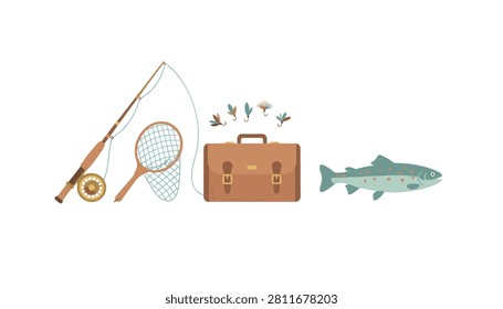 Fishing gear set consisting of a fly fishing rod, a wooden landing net, a brown leather briefcase, flies, and a swimming trout.