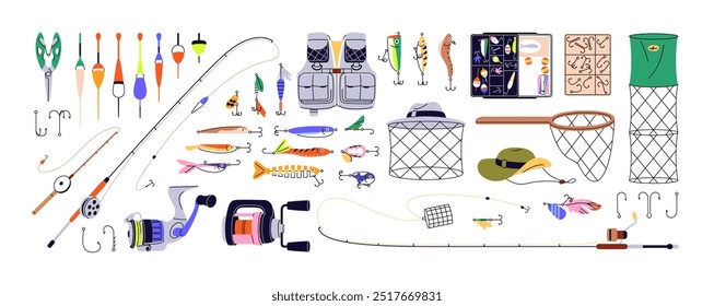 Equipo de pesca. Diferentes elementos de ángulo. Diversos accesorios de pesca: barras giratorias, anzuelos de pescado, bobbers de colores, cebos, redes, aparejos. Ilustraciones vectoriales aisladas planas sobre fondo blanco