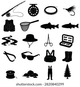 Fishing gear set featuring rods reels fish nets lure storage boots and wilderness river scenes for anglers