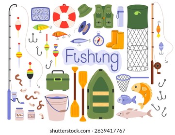 Fishing gear set. Fishery boat, hook, lure, bait, net marine, rod, reel, bobber, fish tackles in box, vest, boots. Angling and spinning equipment. Hand drawn flat vector illustration isolated