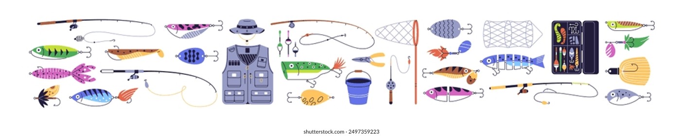 Fishing gear set. Hook, lure, bait and net. Angler, rod, reel and bobbers, fish tackles in box. Angling and spinning equipment, accessories. Flat vector illustration isolated on white background