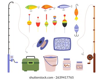 Fishing gear set. Hook, lure, bait, rod, reel, bobber, fish tackles in box. Angling and spinning equipment. Hand drawn flat vector illustration isolated on white background