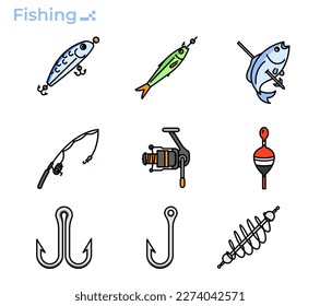 Fishing gears icon set for fish store and website.