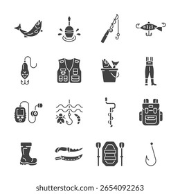 Fishing glyph icon set. Collection with fish, knife, backpack, inflatable boat, ica pick, hook, float, fishing lure, echo sounder, unloading vest, fishing rod. Vector collection.