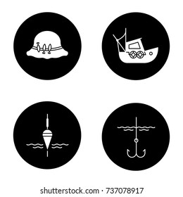 Fishing glyph icons set. Fishing float, fisherman`s hat, boat, fishhook. Vector white silhouettes illustrations in black circles