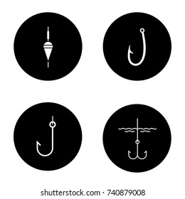 Fishing glyph icons set. Fishing float and hooks. Vector white silhouettes illustrations in black circles