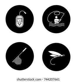 Fishing glyph icons set. Fly fishing, echo sounder, landing net, insect lure. Vector white silhouettes illustrations in black circles