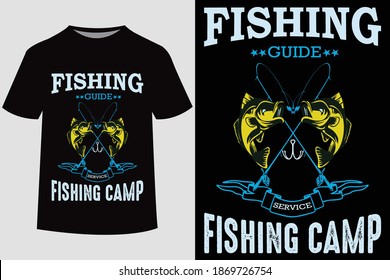 Fishing guide service fishing camp  quote vector design template. Good for fishing t-shirt, poster, label, emblem print. With fish and mountain, lake vector.