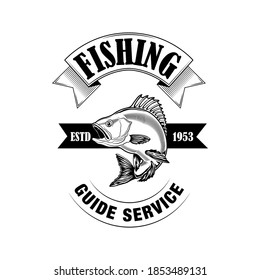 emblema del servicio de guía de pesca, ilustración vectorial. Pescado y texto en cinta. Concepto de pesca o deporte para las etiquetas de los clubes o de la comunidad y las plantillas de tarjetas