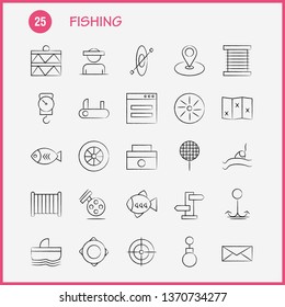 Fishing Hand Drawn Icon Pack For Designers And Developers. Icons Of Wheel, Gear, Circle, Reel, Fish, Fishing, Fishing Reel, Vector