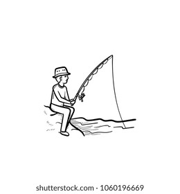 Fishing hand drawn outline doodle icon. Man fishing with rod vector sketch illustration for print, web, mobile and infographics isolated on white background.