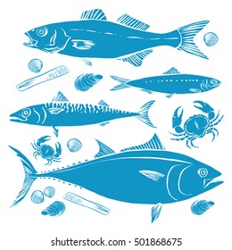 Fishing. Hand drawn sketch fish, sea bass, sardines, mackerel, tuna, mussels, clams and razor. Vector illustration. Blue on white