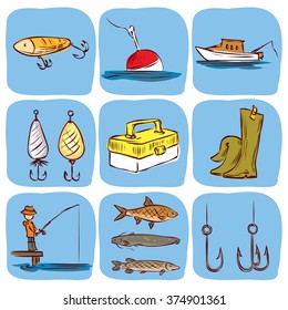 Fishing. Hand drawn vector icon set.