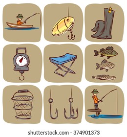 Fishing. Hand drawn vector icon set.