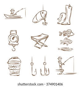 Fishing. Hand drawn vector icon set.