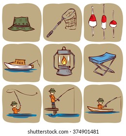 Fishing. Hand drawn vector icon set.