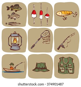 Fishing. Hand drawn vector icon set.