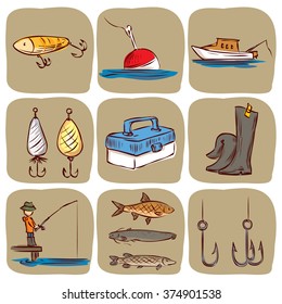 Fishing. Hand drawn vector icon set.