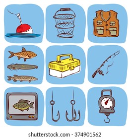 Fishing. Hand drawn vector icon set.
