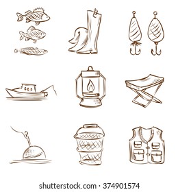 Fishing. Hand drawn vector icon set.