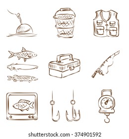 Fishing. Hand drawn vector icon set.