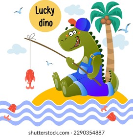 fishing, happy, lucky dino. vector graphics