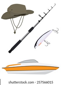 Fishing hat, rod, spinner bait and luxury boat vector icon set isolated, fishing equipment