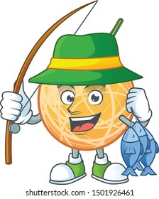 Fishing healthy cantaloupe fruit in cartoon character