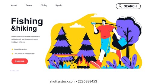 Fishing and hiking concept for landing page template. Man fishing with rod and resting in campsite. Outdoors hobby, tourism people scene. Vector illustration with flat character design for web banner