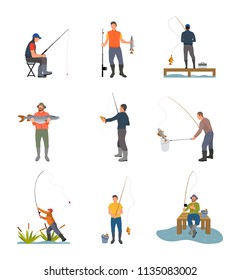 Fishing hobby activity. Catching fish by lake on wooden pier. Spinning hold by men sitting on stool, fishery sport set isolated on vector illustration