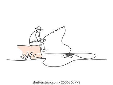 Fishing hobby depicted in one continuous line art, vector design isolated on white.