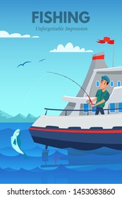 Fishing hobby flat brochure, flyer vector template. Happy fisherman holding fish rod cartoon character. Fishery industry poster concept. Young fisher catching fish illustration with typography