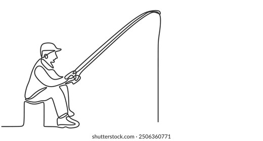 Fishing hobby illustrated in a continuous line drawing, vector isolated on white.