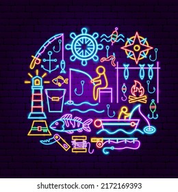 Fishing Hobby Neon Concept. Vector Illustration of Fish Promotion.