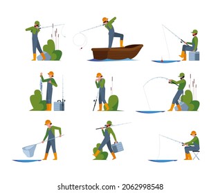 Fishing hobby. Spinning and hook for fisherman fish characters in action poses outdoor activities garish vector illustration set