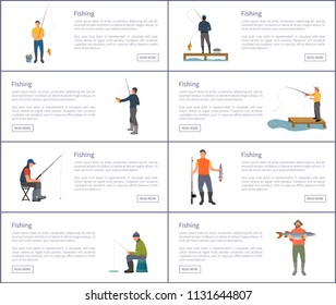 Fishing hobby and sport posters set with text sample. Man with rod and bucket wearing waders boots. Fish catching isolated on vector illustration