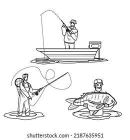fishing hobby vector. fisherman and fish, boat, lake and river water, summer hobby fishing hobby character. people black line pencil drawing vector illustration