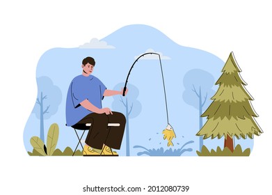 Fishing holiday concept. Man fisherman catches fish with rod, resting in forest situation. Hobby and leisure people scene. Vector illustration with flat character design for website and mobile site