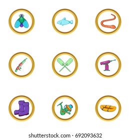 Fishing holiday icon set. Cartoon set of 9 fishing holiday vector icons for web isolated on white background