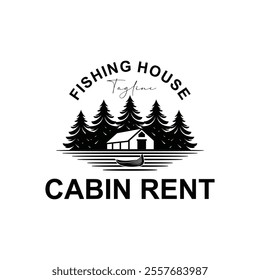 fishing home logo, cabin house rent logo design vintage silhouette