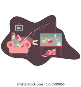 Fishing at home. A man siting on sofa with fishing tool, he is fishing a fish in the aquarium. 