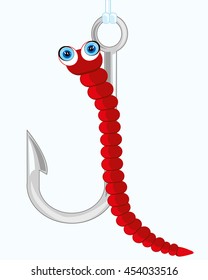 Fishing hook with bait worm on white background is insulated