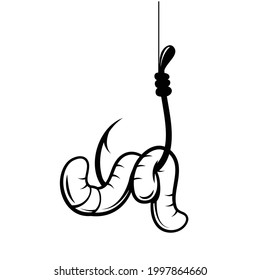 Fishing hook baited with an earthworm on white background, vector