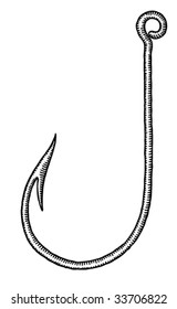 fishing hook black and white engraved