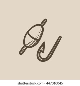 Fishing hook with bobber vector sketch icon isolated on background. Hand drawn Fishing hook with bobber icon. Fishing hook with bobber sketch icon for infographic, website or app.