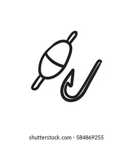 Anzol de pesca com ícone de esboço de vetor bobber isolado no fundo. Gancho de pesca desenhado à mão com ícone de bobber. Anzol de pesca com ícone de esboço bobber para infográfico, site ou aplicativo.