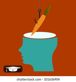 Fishing hook with a carrot, open head, motivation to action