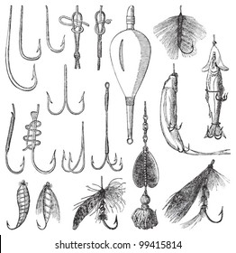 Fishing hook collection / vintage illustration from Meyers Konversations-Lexikon 1897